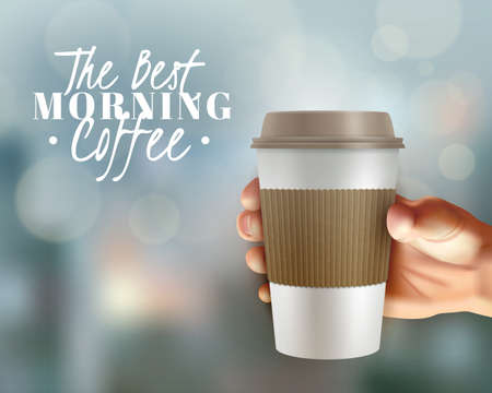 Morning coffee realistic background with hand and coffee cover vector illustrationのイラスト素材