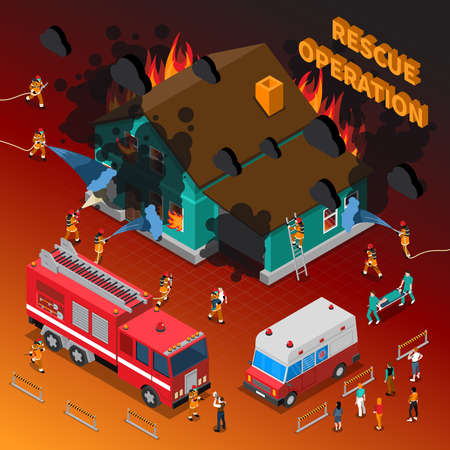 Fireman isometric template with firefighters extinguishing burning house hose truck people and ambulance vector illustrationのイラスト素材