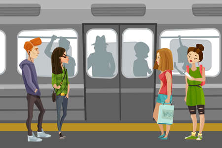 Subway people background with underground train and commuters flat vector illustrationのイラスト素材
