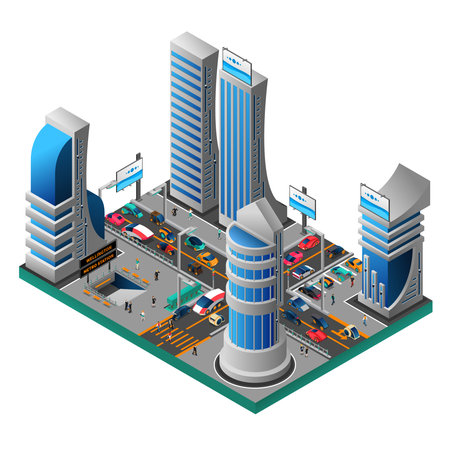 City of future isometric template with futuristic buildings skyscrapers cars people road metro station isolated vector illustrationのイラスト素材