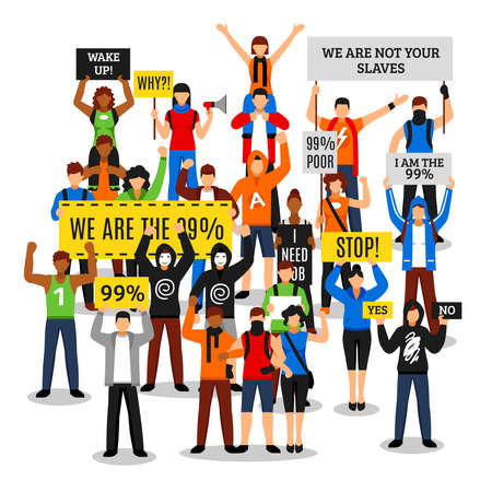 Composition of protesting crowd with colorful people characters faceless rioters holding various...