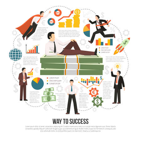 Profitable business success key factors flat infographic composition poster with text diagrams businessman and money symbols vector illustrationのイラスト素材
