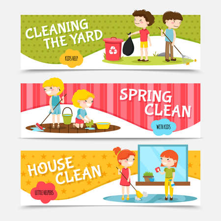 Colorful horizontal banners set with kids cleaning house and yard cartoon isolated vector illustrationのイラスト素材