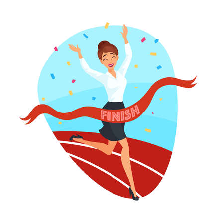 Business victory concept with happy businesswoman crossing finish line in flat style isolated vector illustrationのイラスト素材