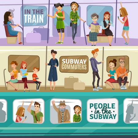 Subway people horizontal banners set with transportation symbols flat isolated vector illustrationのイラスト素材