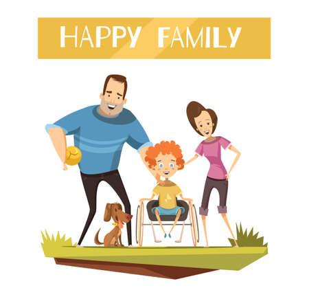 Happy family with disabled kid on wheelchair and dog during walk cartoon and retro styles vector illustrationのイラスト素材