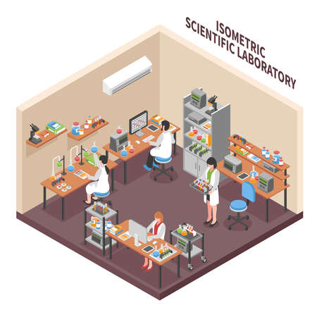 Scientists laboratory composition with isometric research facility interior workers in operating gowns equipment and workplace furniture vector illustrationのイラスト素材