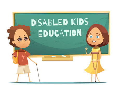 Education of disabled kids design with blind boy and girl with crutch near green chalkboard vector illustrationのイラスト素材