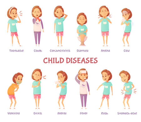 Isolated characters set with cartoon girl anxious for different child disease symptoms with appropriate text captions vector illustrationのイラスト素材