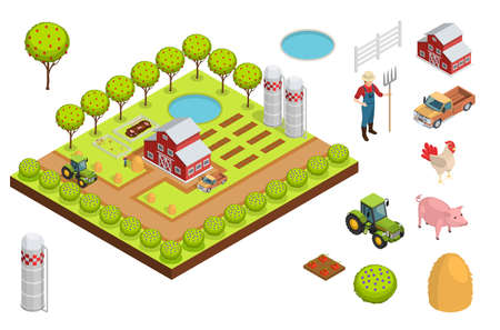 Farm isometric composition layout creating a farm with a house trees seedlings and animals vector illustrationのイラスト素材