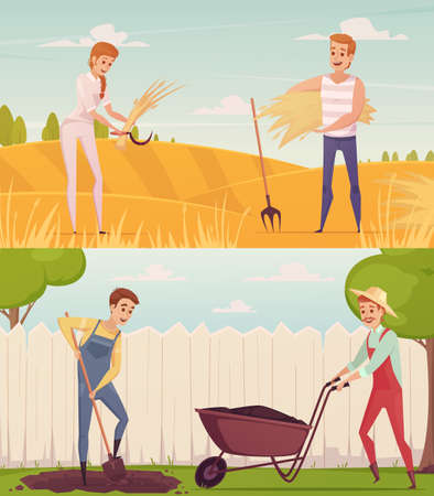 Two gardener farmer cartoon people compositions set with funny cartoon characters doing field and garden work vector illustrationのイラスト素材