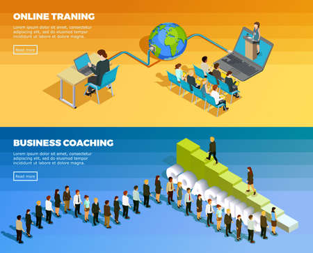 Business education isometric horizontal banners with staff development training and teaching vector illustrationのイラスト素材