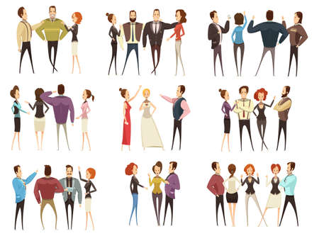 Set of business teams front and back views with men and women cartoon style isolated vector illustrationのイラスト素材