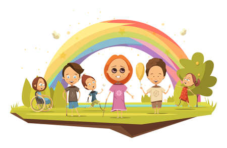 Disabled kids on wheelchair with crutch and with prosthetic limbs on rainbow background cartoon style vector illustrationのイラスト素材