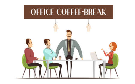 Office coffee break design with cheerful woman and men hot drinks interior elements vector illustrationのイラスト素材