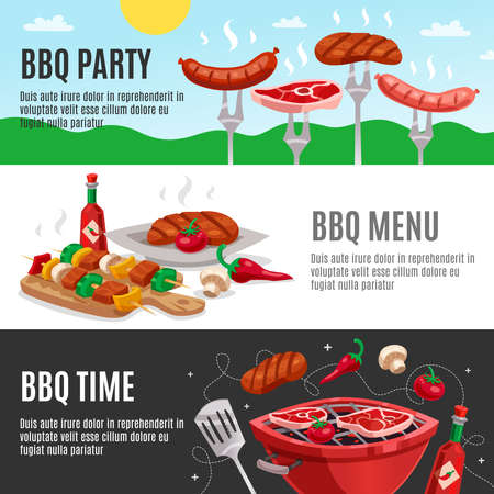 Bbq banners set with summer outdoor background meat skewers carving board and brazier with editable text vector illustrationのイラスト素材