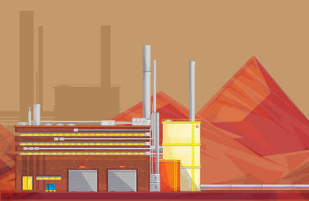 Eco friendly waste management industrial ore processing plant building and mineral waste rocks flat poster vector illustrationのイラスト素材
