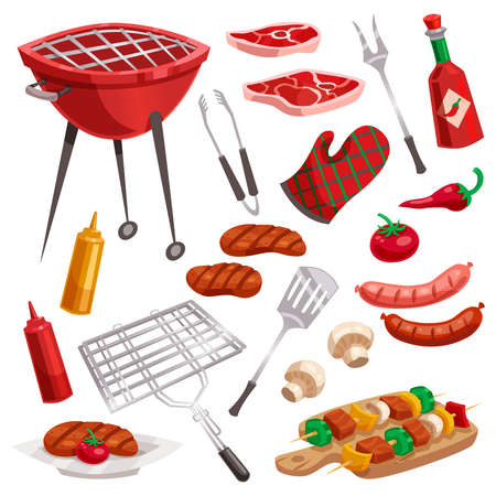 Bbq barbecue isolated elements set with outdoor grill rig bottles of sauce raw food and flatware vector illustrationのイラスト素材