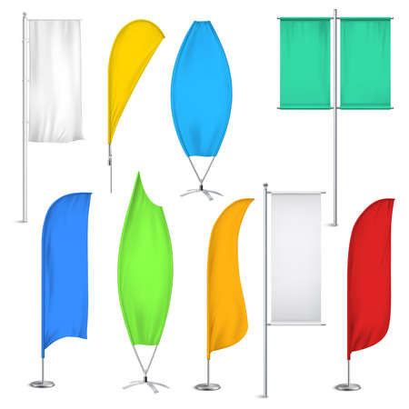 Colored realistic advertisement flags and banners icon set for for location close to shops vector illustrationのイラスト素材