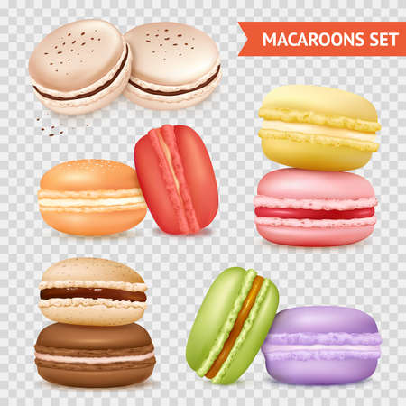 Isolated macaroons images set on transparent background with groups of two almond cakes of different colour vector illustrationのイラスト素材