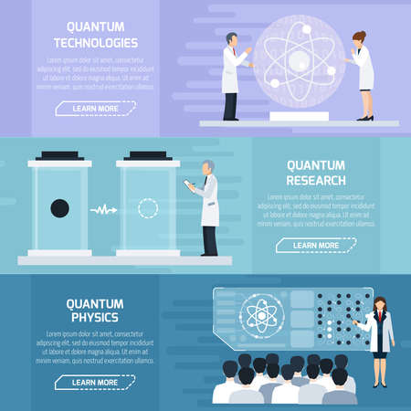 Quantum physics horizontal banners set as illustrative material  for description of technological and learning processes flat vector Illustrationのイラスト素材