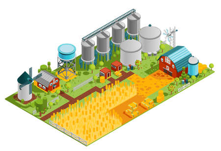 Farm rural buildings isometric composition with houses reservoirs mill and plantation field of wheat vector illustrationのイラスト素材
