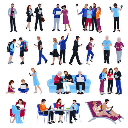 Design collection of people looking in gadgets screen in cafe and office on street and beach flat isolated vector illustrationのイラスト素材