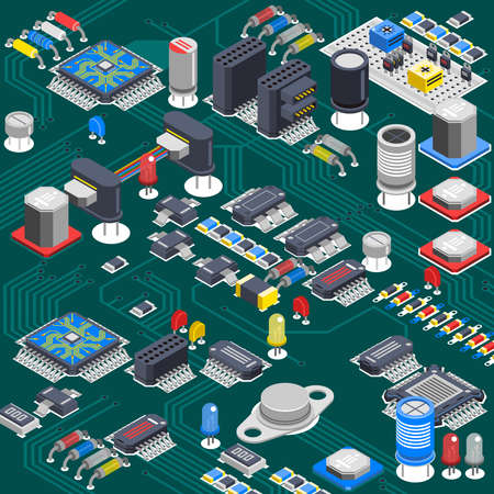 Semiconductor electronic circuit board isometric background with electrolytic capacitors processors...