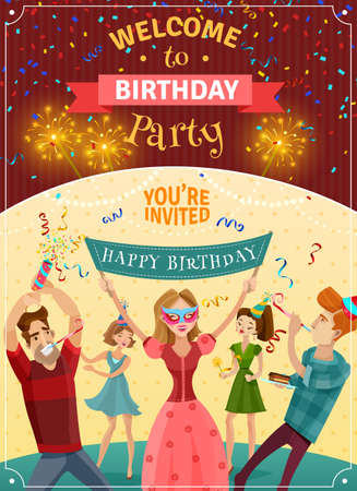 Birthday party announcement invitation card or poster  with sparklers bowers and joyful young people celebrating vector illustrationのイラスト素材
