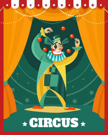 Traveling circus advertisement poster with juggling in spotlight clown retro cartoon style vector illustrationのイラスト素材