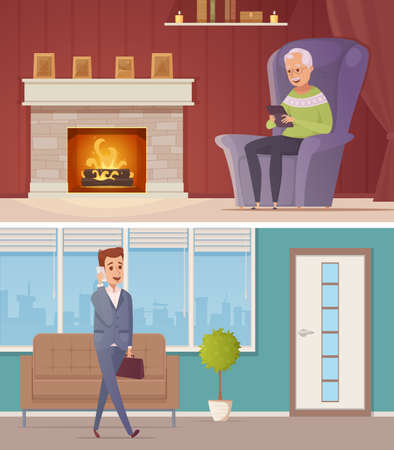 Two horizontal banners with old man in home interior looking in tablet and young man talking on mobile in office flat isolated vector illustrationのイラスト素材