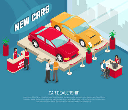 Colored car dealership leasing composition with people who choose and buy cars vector illustrationのイラスト素材