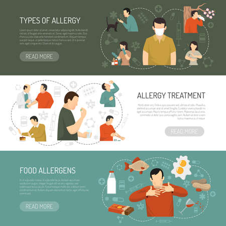 Three horizontal colored allergy banner set with types of allergy allergy treatment food allergens descriptions vector illustrationのイラスト素材