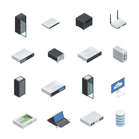 Datacenter server cloud computing isometric icons set with isolated images of hardware networking...