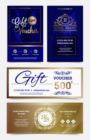 Set of gift voucher design in golden blue colors with monograms and ornate decorations isolated vector illustrationのイラスト素材