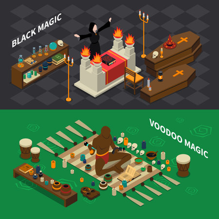 Isometric horizontal banners with black sorcery and voodoo magic with skulls book and drums isolated vector illustrationのイラスト素材