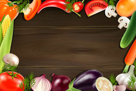 Brown wooden background with frame composed from colorful whole and sliced vegetables in realistic style vector illustrationのイラスト素材
