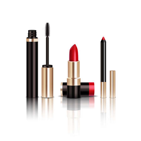 Makeup realistic items set with mascara and lipstick isolated vector illustrationのイラスト素材