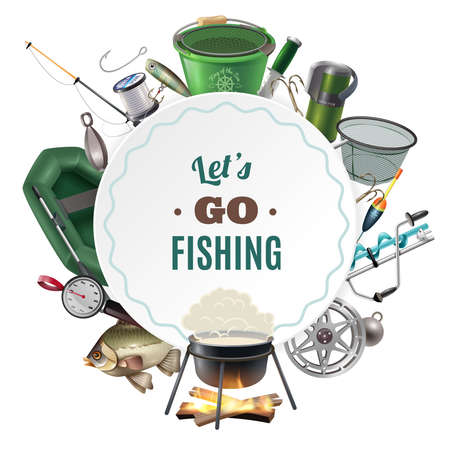 Freshwater fishing sport round frame composition of classic equipment accessories and freshly caught fish  decorative vector illustrationのイラスト素材