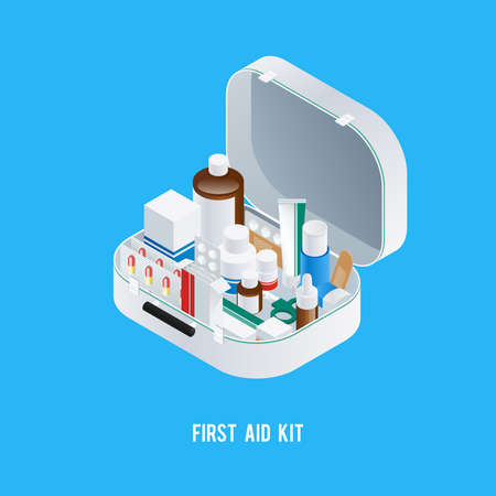 Pharmacy aid kit composition with isometric image of medicine box filled with different drugs and medication vector illustrationのイラスト素材