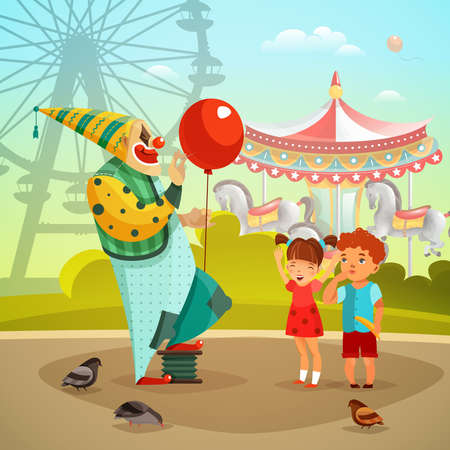 Traveling circus on amusement park fairground with clown with red balloon performing for kids retro vector illustrationのイラスト素材