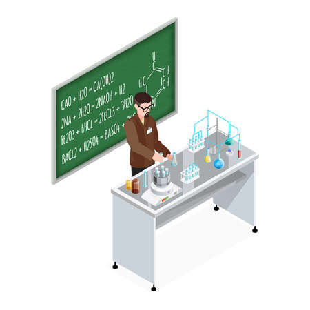 School composition with teacher character at table with test tubes and equipment with blackboard and formulas vector illustrationのイラスト素材