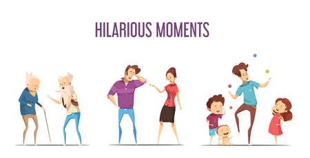 Hilarious funny life moments 3 retro cartoon icons set with couples and young family isolated vector illustrationのイラスト素材