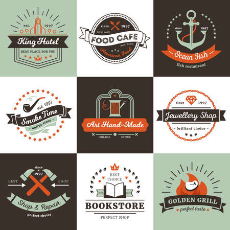 Vintage logos of shops hotel and cafe design concept with ribbons rays and stars isolated vector illustrationのイラスト素材