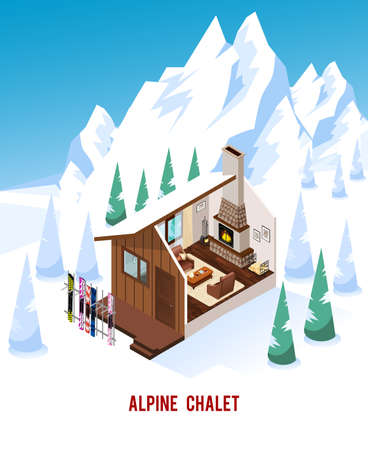 Alpine chalet with stand for skis classic fireplace and comfortable furniture in winter mountains isometric vector illustrationのイラスト素材