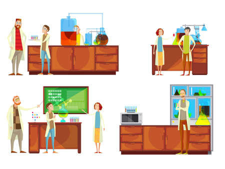 Set of compositions with teacher and student doodle characters in the chemical laboratory teaching research lessons vector illustrationのイラスト素材