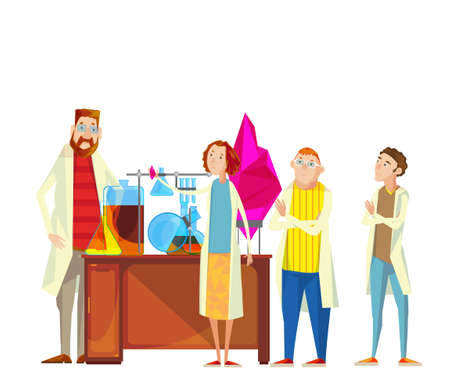 Composition of teacher and students cartoon characters in the chemical laboratory carrying out...