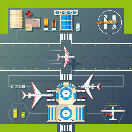 Aerial top view of airport runways landings strips buildings and facilities with planes and helicopter vector illustrationのイラスト素材