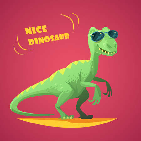 Nice funny green dinosaurus in sunglasses cartoon character toy on red background poster print abstract vector illustrationのイラスト素材