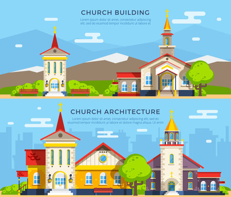 Beautiful historic church buildings of different architecture styles on backgrounds with mountains and cityscape flat banners isolated vector illustrationのイラスト素材